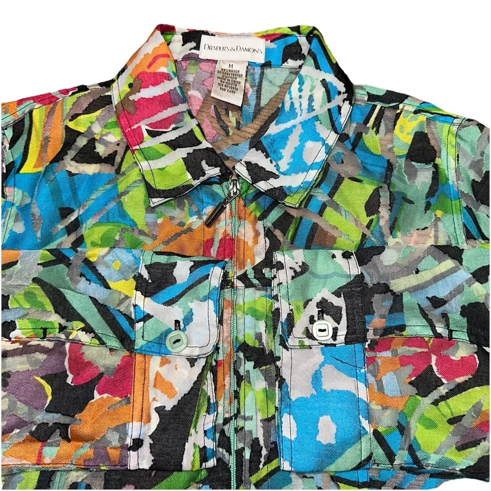 Draper's & Damon's Multicolor Abstract Art Linen Blend Zip Up Jacket Women's M - Picture 1 of 7